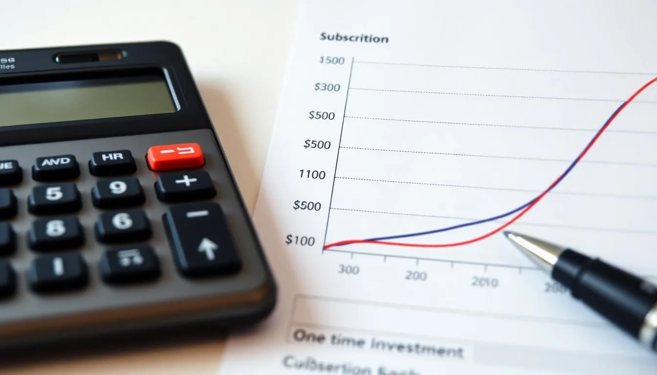 Financial charts showing subscription costs versus one-time investment comparison