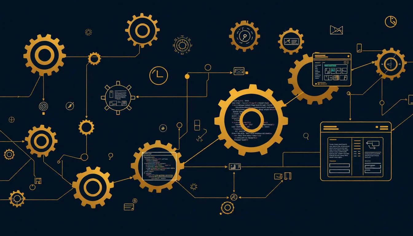 Abstract representation of custom software development with interconnected gears and interfaces