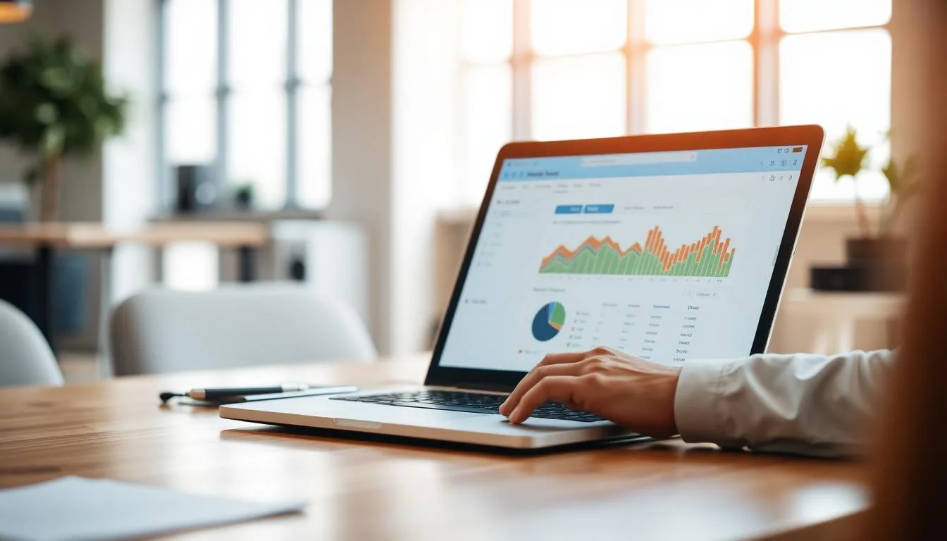 Business professional reviewing a software dashboard on a laptop