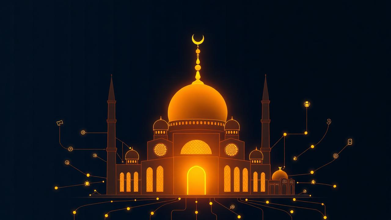 Mosque with digital network connections representing Islamic community outreach