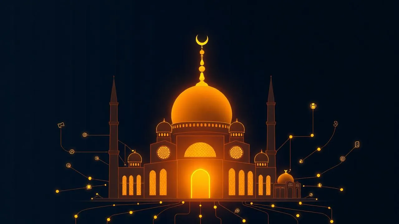 Mosque with digital network connections representing Islamic community outreach
