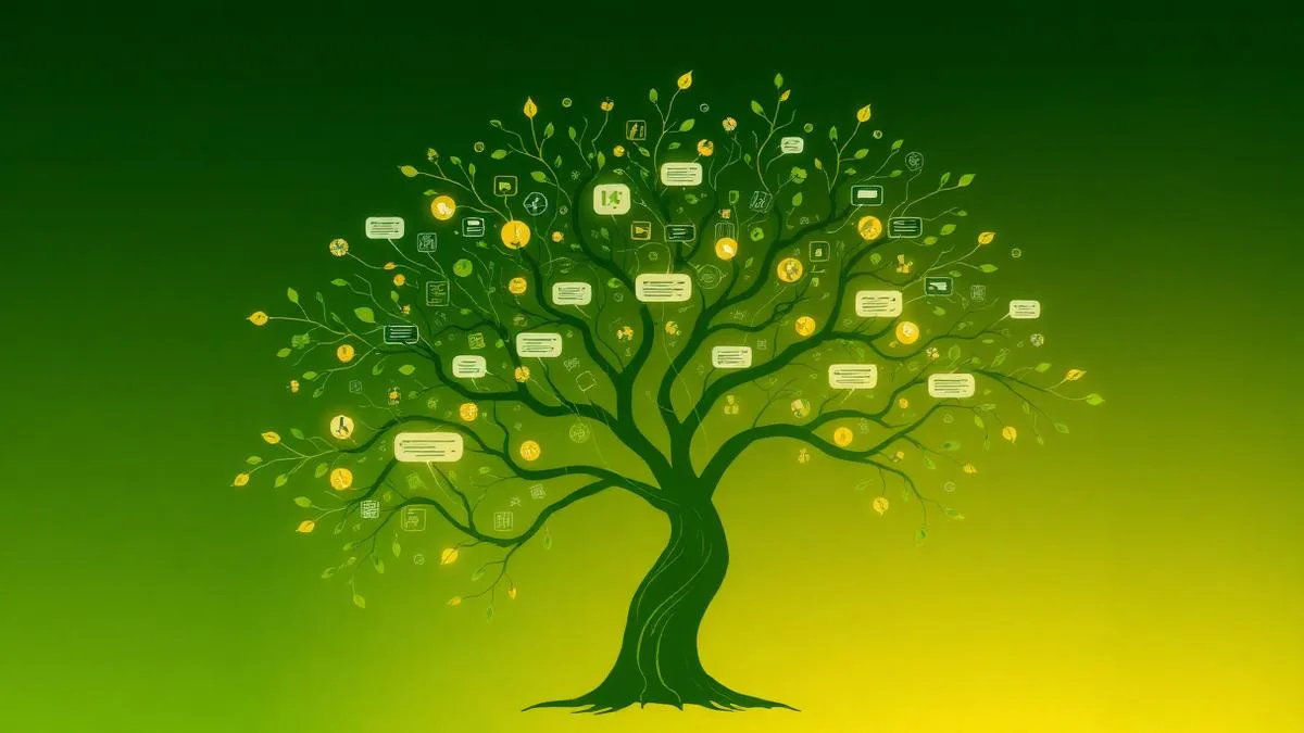 Visualisation of compounding SEO returns growing over time like a tree with data nodes
