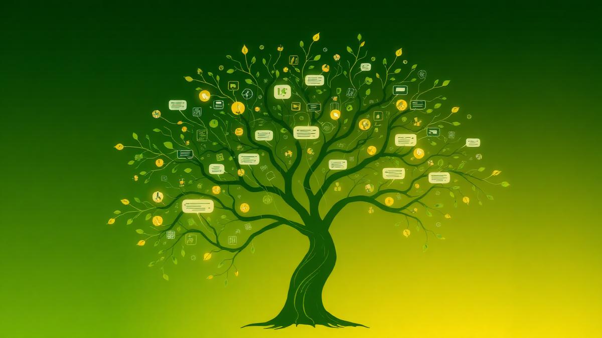 Visualisation of compounding SEO returns growing over time like a tree with data nodes