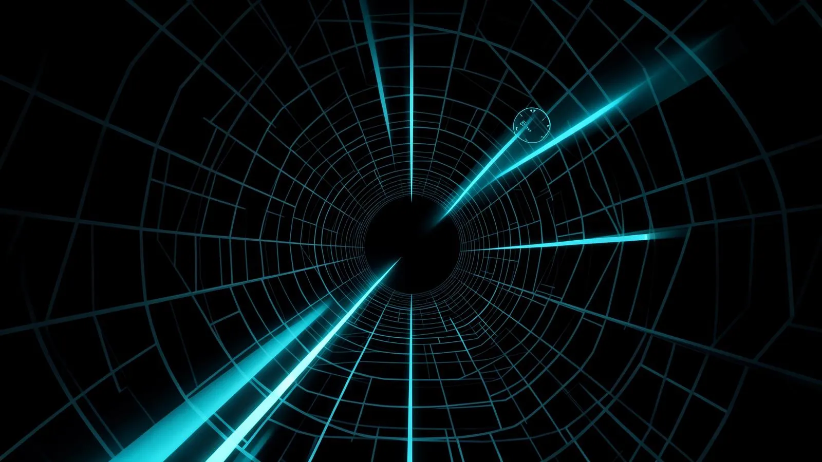 Abstract light streaks accelerating through a dark grid tunnel