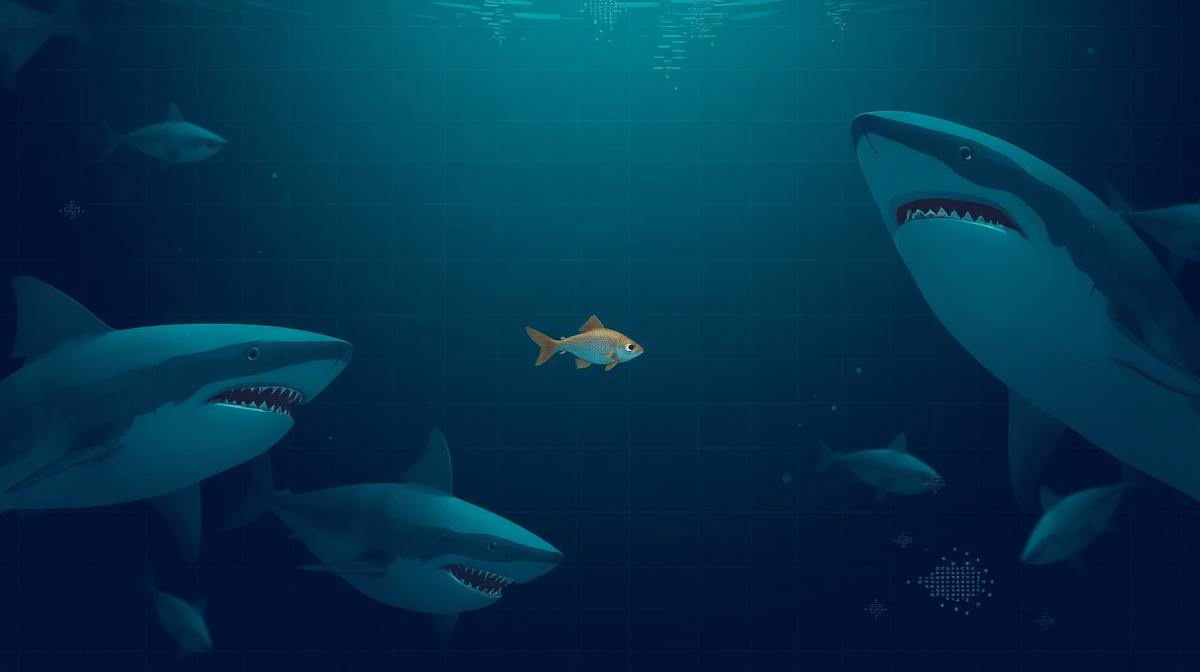 Small fish among sharks representing business competition online