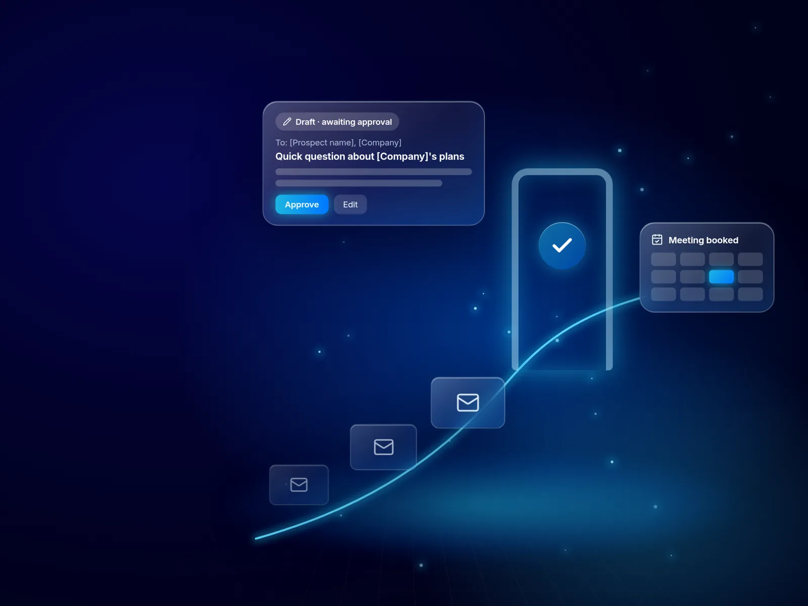 Illustration: emails travelling along a path through an approval checkpoint and arriving at a calendar slot