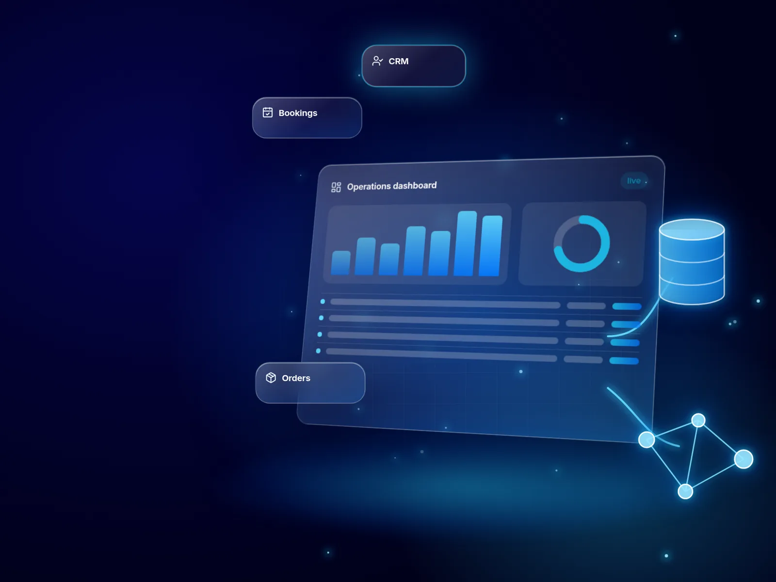 Illustration: glass building blocks assembling into a dashboard, connected to a database and a network of nodes