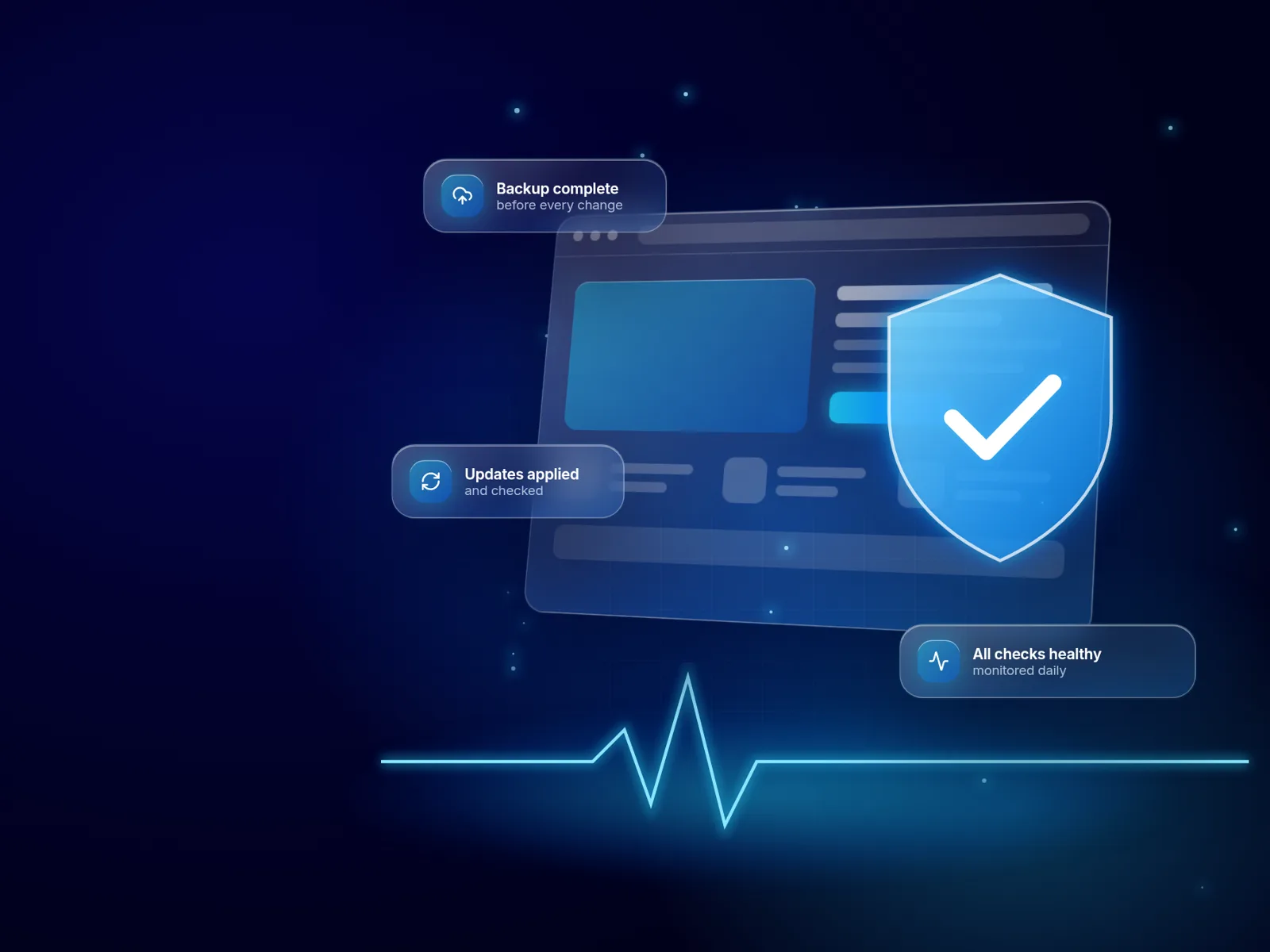 Illustration: a website protected by a shield, with backup, update and maintenance icons and a calm monitoring line